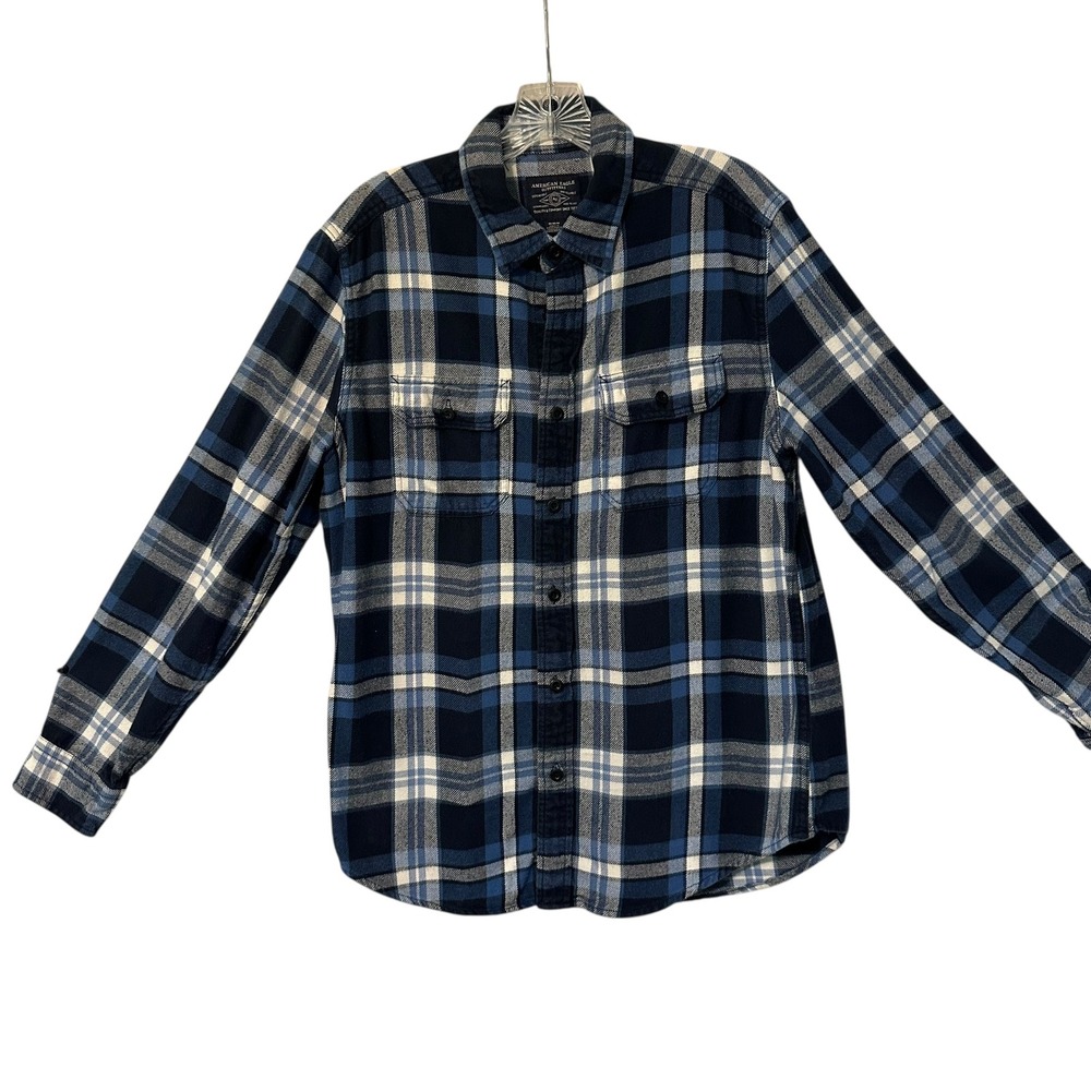 American Eagle Outfitters Mens Flannel Shirt Blue Plaid Long Sleeve Button Up M‎